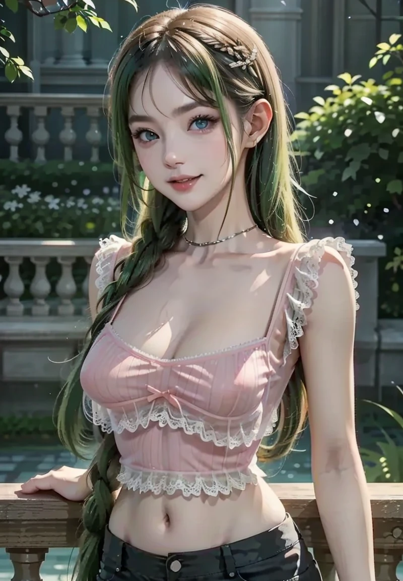 Green eyes, close-up of a person with long pink hair and green scarf, beautiful anime portrait, detailed digital anime art, anime girl with long hair, anime style portrait, detailed portrait of anime girl, beautiful anime art style, detailed anime character art, clean detailed anime art, high quality anime art style, anime girl portrait, beautiful anime girl, cute anime girl portrait