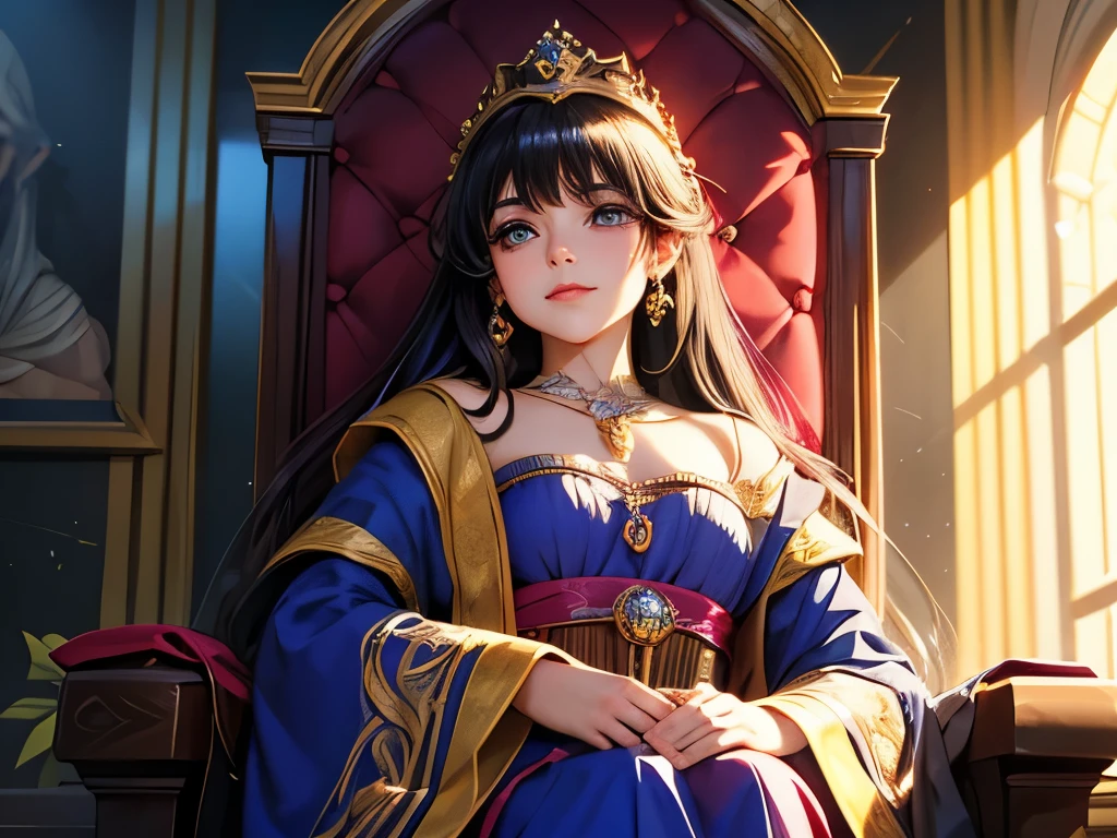 (full color,Fine),Noble queen,beautiful woman highlighting her lower lip,A luxurious palace,Throne,amazing shadows,grace,Solemn