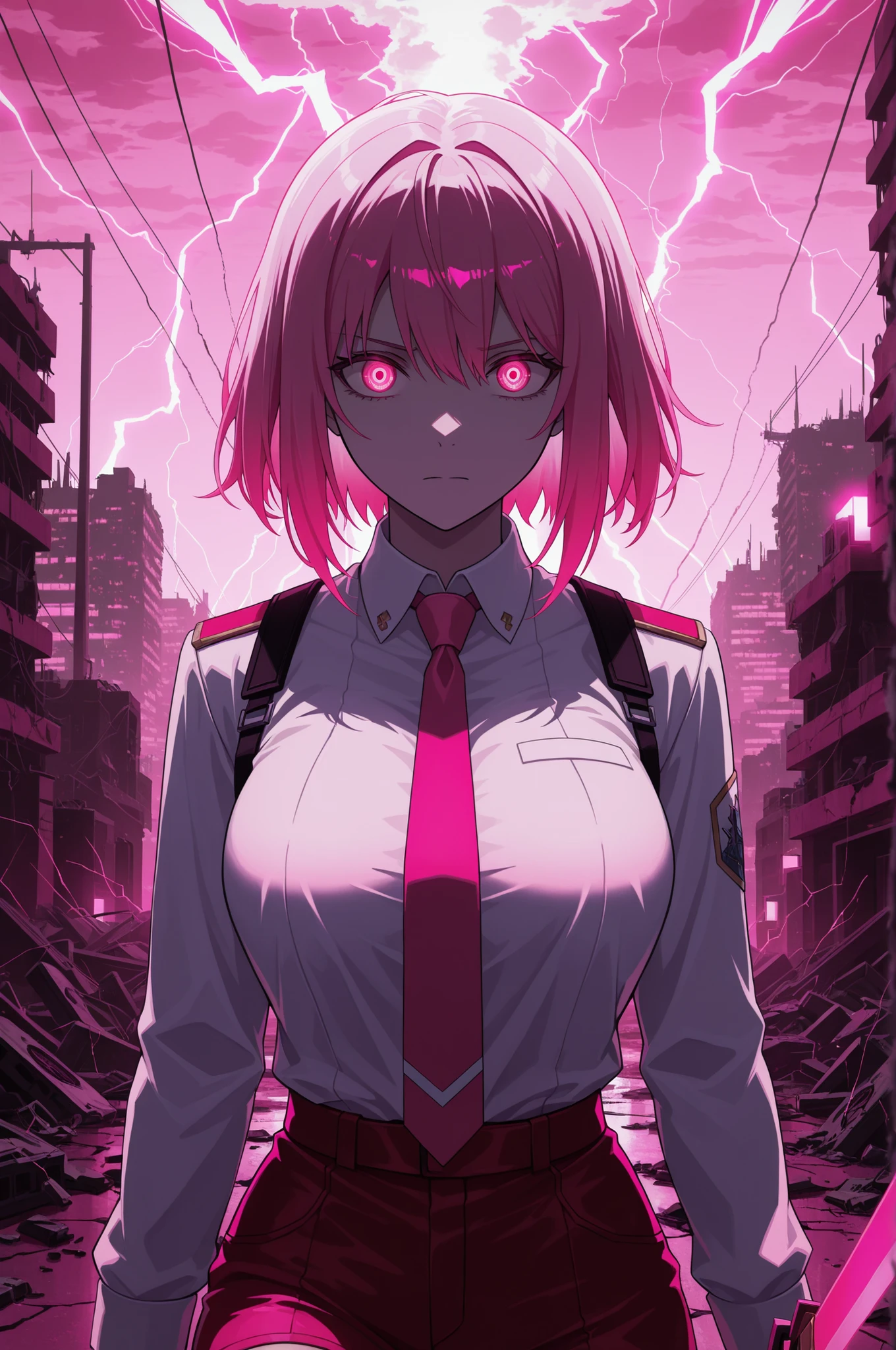 upper body, short pink hair, glowing red eyes, uniform, white shirt, tie, red shorts, holding sword, 1girl, solo, ruined futuristic city, dystopia, lightning storm, (pink lighting:1.4), volumetric lighting, cinematic lighting, masterpiece, best quality, amazing quality, very aesthetic, absurdres, newest,
