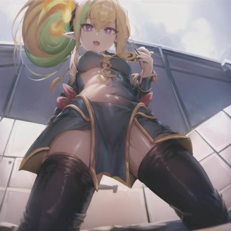 Thick thighs,Anime Style,A detailed background with many people,Magical World,A lively balcony with many people,Smiling bard beautiful elf girl,Upside down,Large Breasts