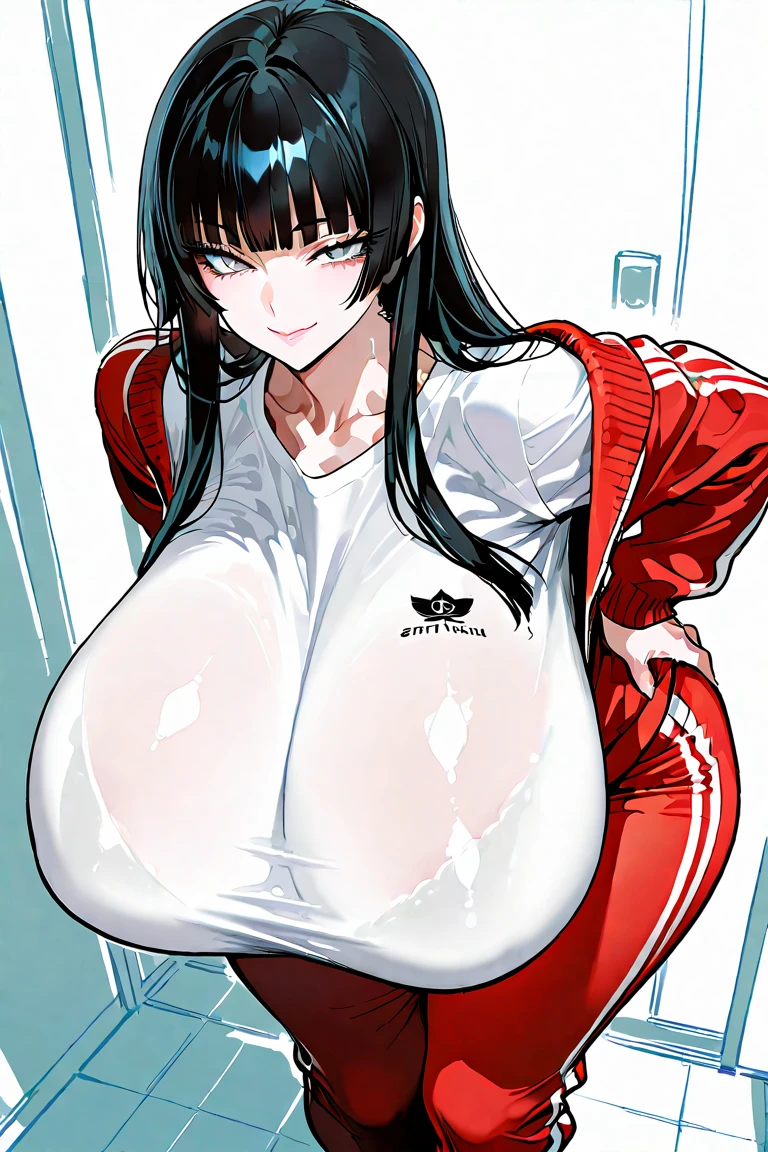 Kirigaya Suguha \(Sword Art Online\), Kirigaya Suguha from Sword Art Online, ((big breasts, big ass, wide hips, thick thighs)), super detailed, wearing red tracksuit with red track pants and white shirt underneath, (((hot breath, red blush, sweaty, fall forest background))), zipping up tracksuit, nipples erect,