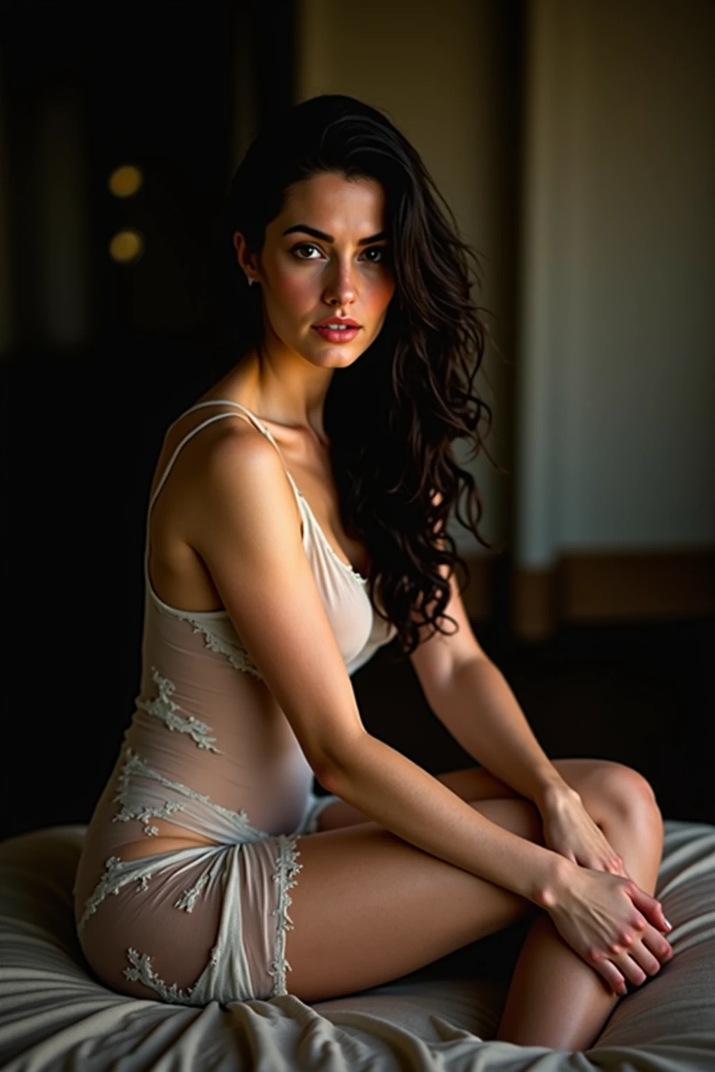 a beautiful detailed goddess of Katie McGrath, stunning eyes, perfect lips, delicate facial features, long eyelashes, elegant expression, flowing hair, less clothes, on a bed, exquisite lighting, cinematic composition, ethereal mood, dreamlike atmosphere, vibrant colors, masterpiece, 8k, photorealistic