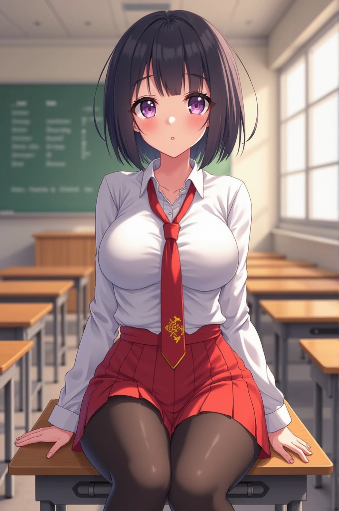masterpiece, best quality, 1girl, arm behind head, arm up, bangs, black hair, blush, red bowtie, closed mouth, short hair, indoors, looking at viewer,  school desk, classroom background, virgin killer sweater