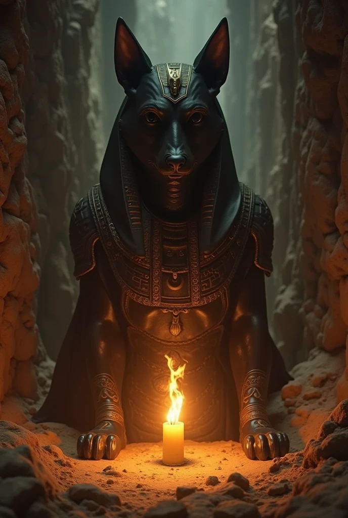 Anubis sitting holding a flame of fire 