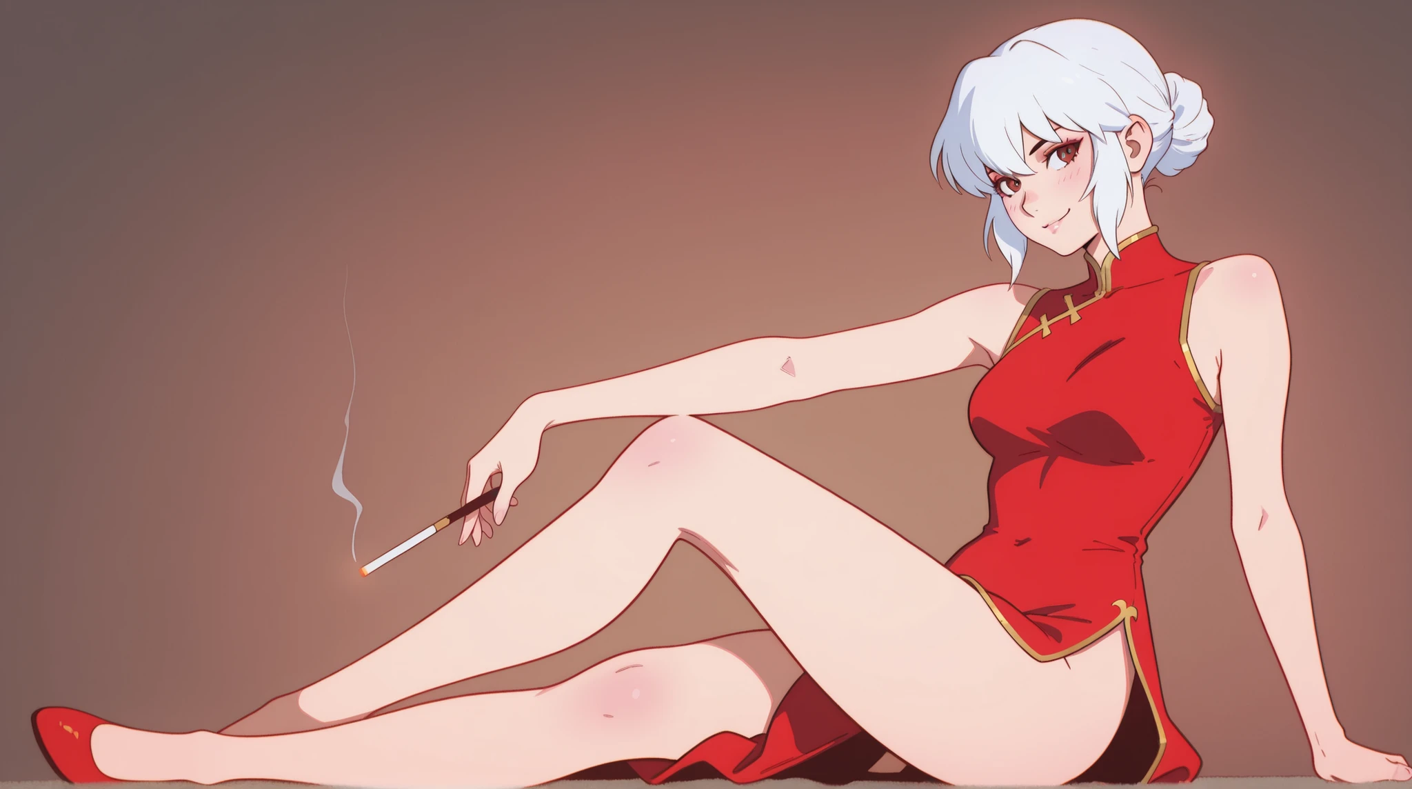 Triple tone {anime style illustration}, subject:: {elegant anime woman with white hair in a bun, wearing a sleek satin red cheongsam with gold trim and thigh-high slit, sitting with legs crossed and a confident smirk, holding a delicate fan instead of a cigarette}, style:: {vintage noir, art deco}, environment:: {dark starry textured background}, art style:: {clean line art, soft shading, muted palette}, inspiration:: {Junji Ito, Loish, Ilya Kuvshinov}, lighting:: {low key lighting, subtle backlight}, detail:: {fine ink lines, textured overlay, soft blush tones}, resolution:: {high resolution, 4K, fine grain}
