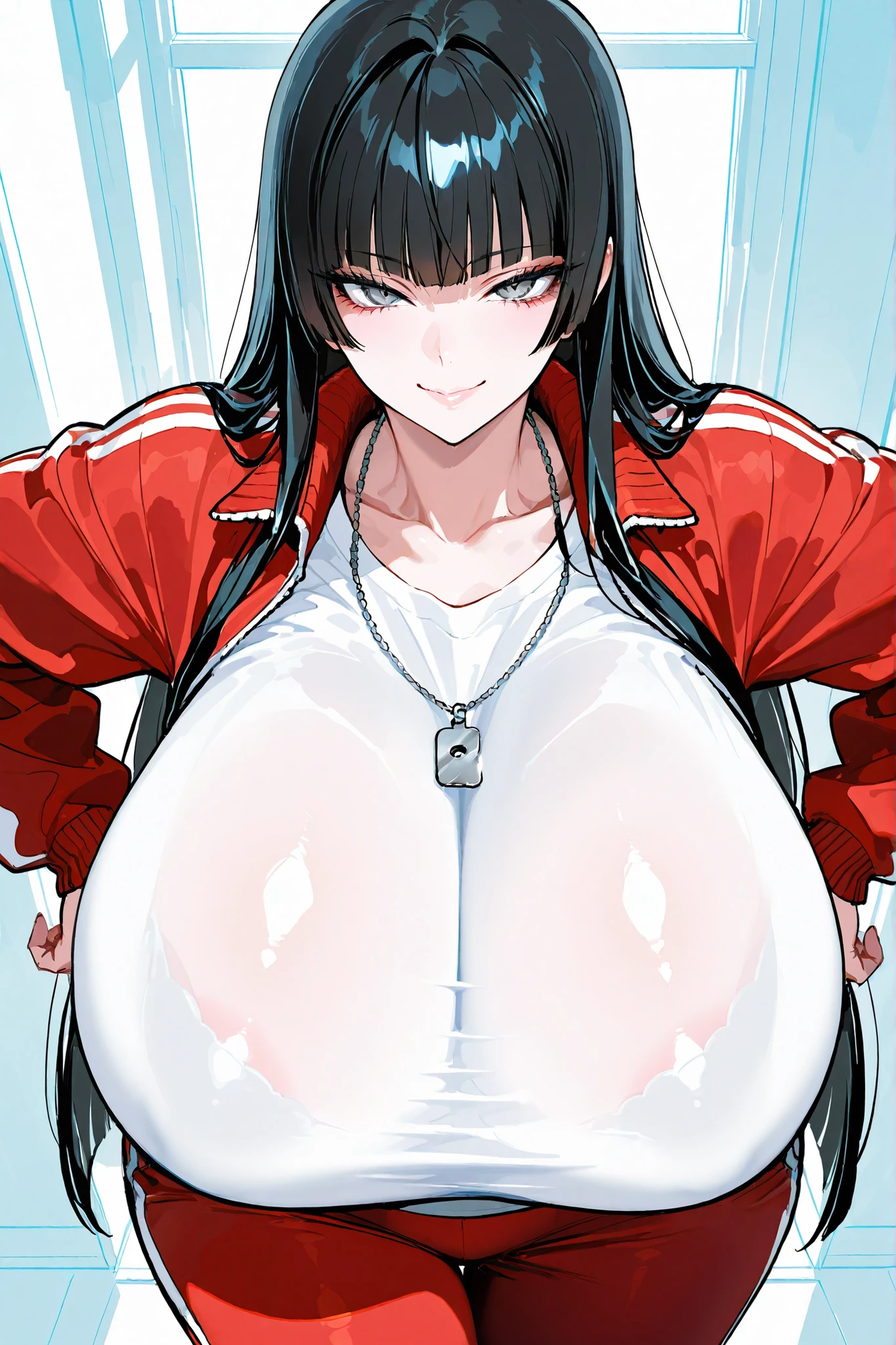 score_9, score_8_up, score_7_up, score_6_up, score_5_up, score_4_up, source_anime
, 1girl, Dehya (genshin_impact), genshin_impact, big breasts, collarbone, breasts focus, floox style, \\\\\  jacket,, open clothes, dark red jacket, dark red track suit,, sportswear, standing, track jacket, dark red track pants, track suit, \\\\\ steam, steaming body, sweat,, rating_explicit, high resolution, deep breath, head out of frame, grey background, solo, nipple slip, dusky blonde-accented dark brown hair.