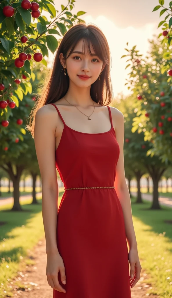 a woman in a red dress holding a red rose in the forest