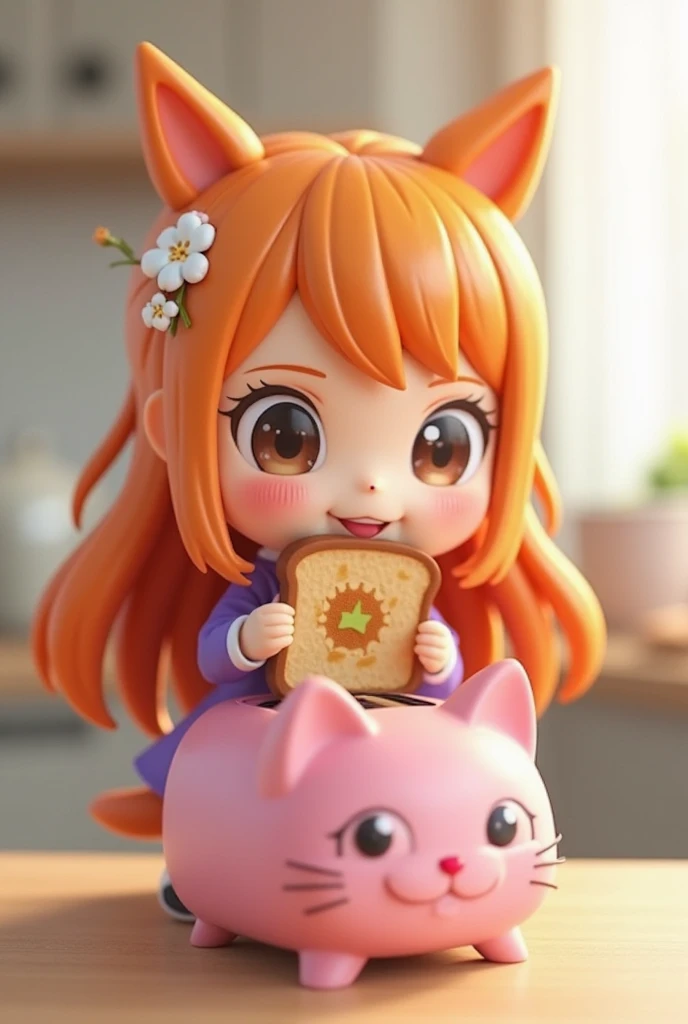 3D create a cute jibie-style anime girl resembling a Nendoroid figure with long orange hair, clad in a white floral hairpin, wearing a purple dress. She is smiling and holding a toast with a print on it, inserting into a pink cat-shaped toaster. The background is a kitchen, soft light. High Profile Anime Style