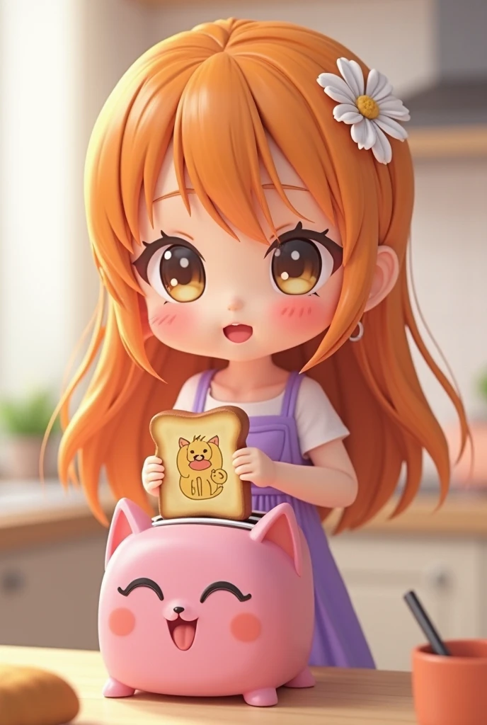 3D create a cute jibie-style anime girl resembling a Nendoroid figure with long orange hair, clad in a white floral hairpin, wearing a purple dress. She is smiling and holding a toast with a print on it, inserting into a pink cat-shaped toaster. The background is a kitchen, soft light. High Profile Anime Style