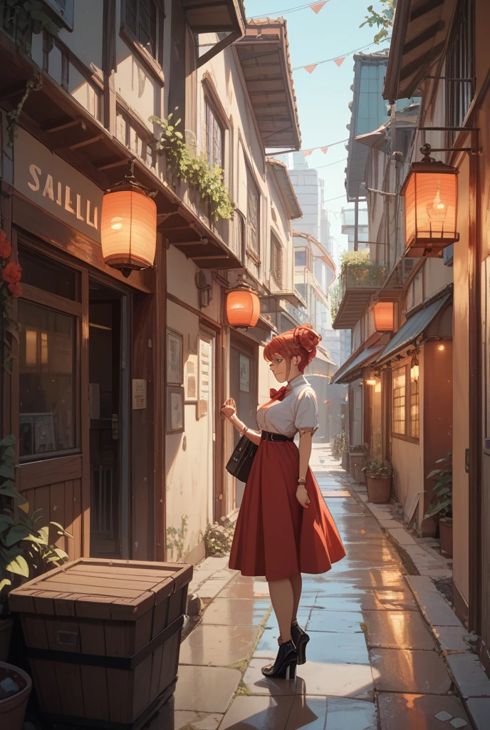 ((Masterpiece)), ((Best quality)), 8K, high detaild, Ultra-detailed, A girl standing on the rooftop overlooking the city, teto, Buildings, Streets, City lights.