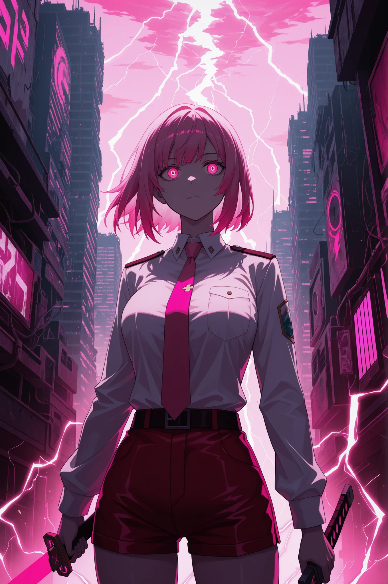 upper body, short pink hair, glowing red eyes, uniform, white shirt, tie, red shorts, holding sword, 1girl, solo, ruined futuristic city, dystopia, lightning storm, (pink lighting:1.4), volumetric lighting, cinematic lighting,  masterpiece, best quality, amazing quality, very aesthetic, absurdres, newest,