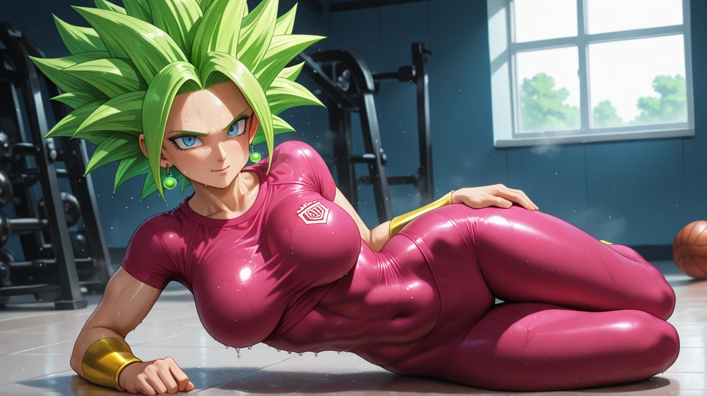 Kefla dragonball with green hair, blue eyes and green earring, in tight sweaty gym clothes at the gym training