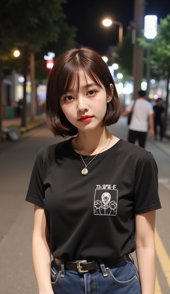 girl posing at the camera with 0.5 angle, doing peace sign with both hands, has black short hair and bangs, wearing baggy fashion clothes, winking
