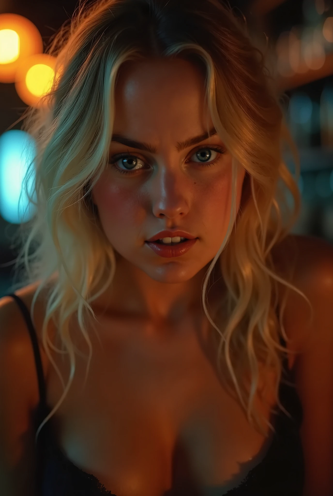 (best quality, masterpiece:1.2), close up front on view of a hot sexy looking 20 year old woman in a seedy run down bar. She has blonde hair. she looks sad and her makeup is running. crying. unhappy. miserable.