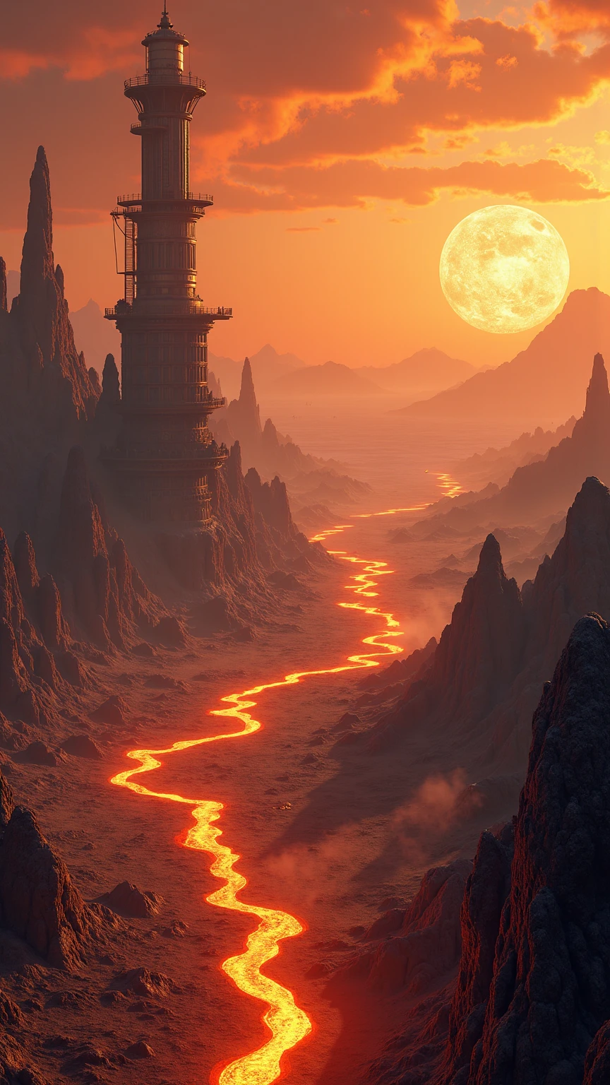 A breathtaking alien volcanic landscape on a distant crimson planet, expansive jagged basalt spires erupting from molten-glow fissured plains, swirling ember-laden dust clouds rising against a blood-orange sky streaked with ochre and amber, a solitary monolithic obsidian tower carved with ancient alien runes and crowned by a spiraling metal observatory platform, molten lava rivers carving glowing channels between weathered rocky plateaus pockmarked with luminescent crystals, distant mountain silhouettes fading into hazy horizons dotted with swirling storm vortices, digital art, photorealistic cinematic style, panoramic wide-angle full-scene composition with 16:9 aspect ratio capturing dramatic scale from foreground ember-lit cracks to distant rolling dunes, intense volumetric sunset lighting casting deep elongated shadows and highlighting molten rivulets with rim-emissive glow, color palette dominated by saturated fiery reds, burnt sienna and umber shadows contrasted with subtle cool violet undertones in high-altitude clouds, mood of epic otherworldly grandeur and isolation, evoking awe and a sense of primeval discovery, meticulously detailed rock textures revealing stratified layers and weather erosion marks, fine ash particles drifting through golden shafts of light, atmospheric haze creating depth and emphasizing scale
