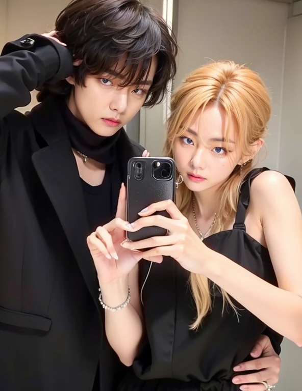 Blonde woman hugging a man with a phone in her hand., ava max, loish y ross tran, foto de perfil, Anya Taylor Joy, pose de pareja, anya_taylor-joy, selfie enamorado, con el pelo largo y blanco, retrato de kim petras, Ross Tran y Bayard Wu, jin shan y ross tran, jinyoung shin, dressed anya taylor - joy
