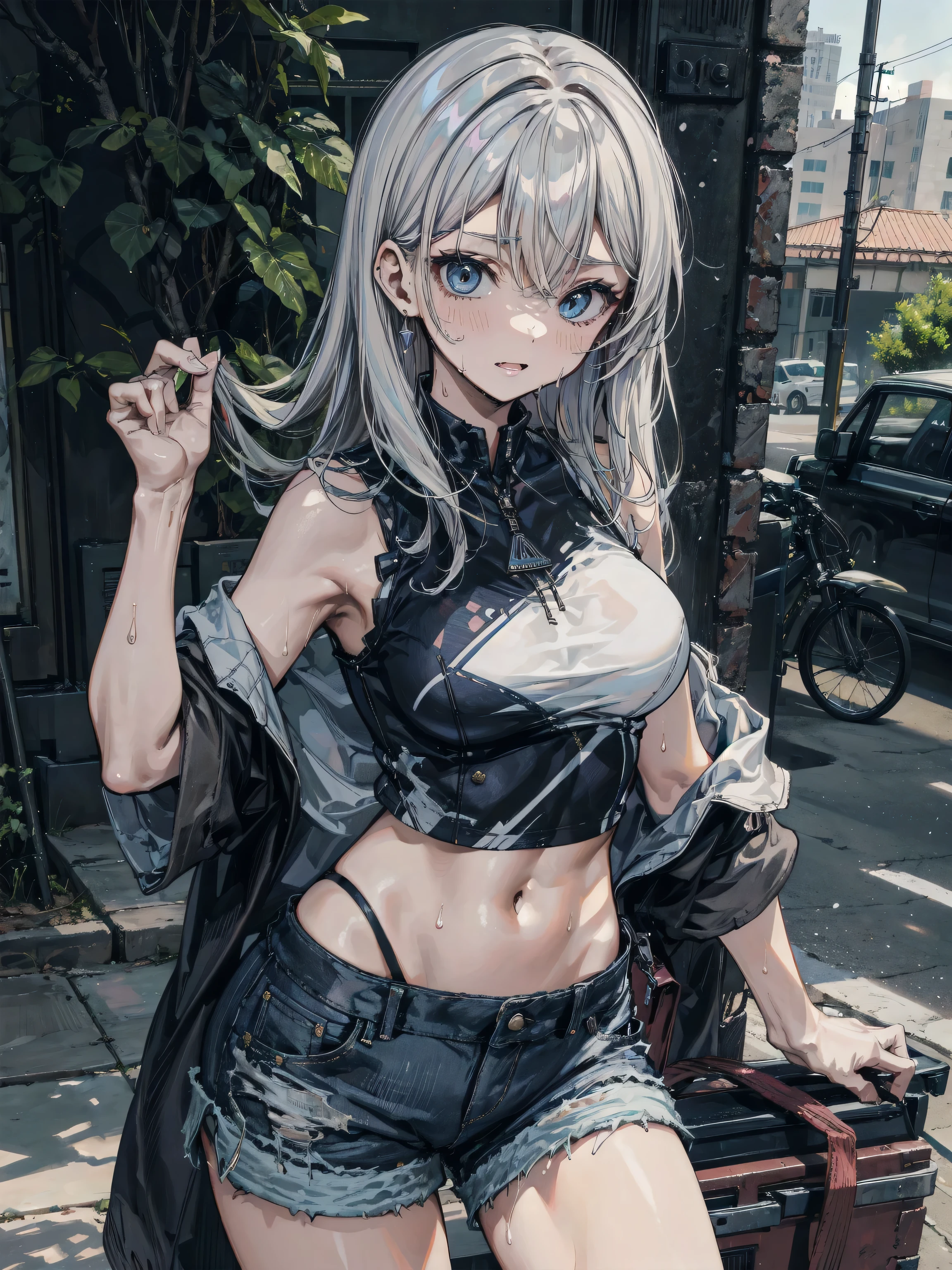 (masterpiece, best quality, detailed), 1girl, solo, looking at viewer, caenis, animal ears, (dark skin, dark-skinned female:1.4), large breasts, long hair, hair intakes, hairband,
<lora:edgGrungeFreestyle:1>, (edgGrunge, wearing edgGrunge fashion:1.1), cargo pants, multiple belts, torn clothes, pier, dock, boat, harbor, water, lighthouse, seagull, leaning forward, adjusting hair, hand in own hair, hand on own thigh, from above, closed mouth, glaring, expressionless