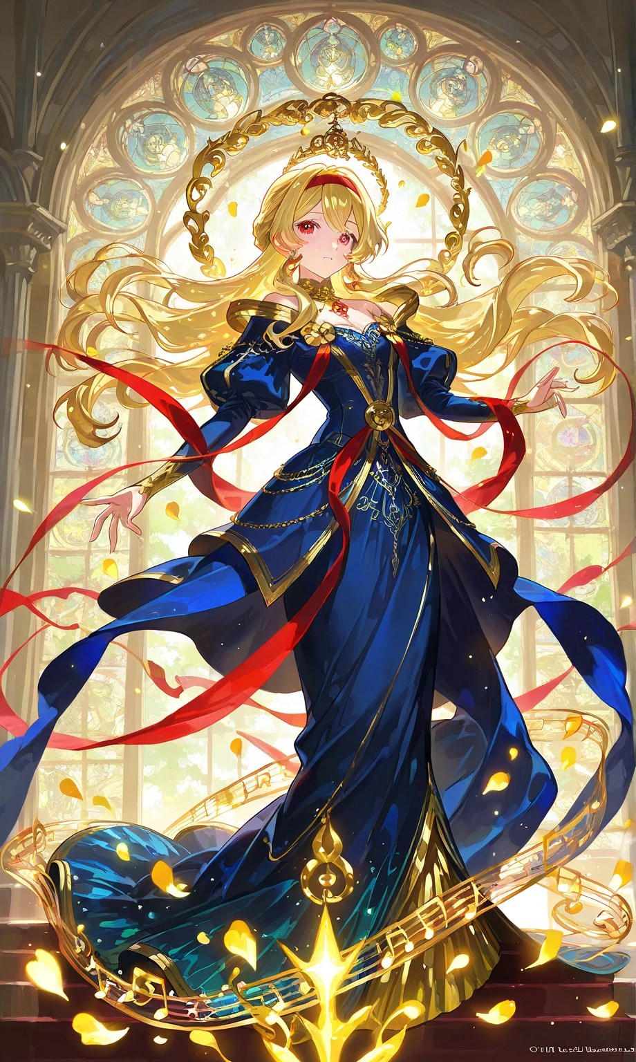 (( straight face picture )) ((best quality)),  ((Masterpiece)), (details), Young woman , yellow hair , Dirt. , blue eyes ,Blue purple set, gold pattern  , Magician , The dress is very beautiful. ,long dress ,big breasts ,Big butt ,red background ,curtain ,candle