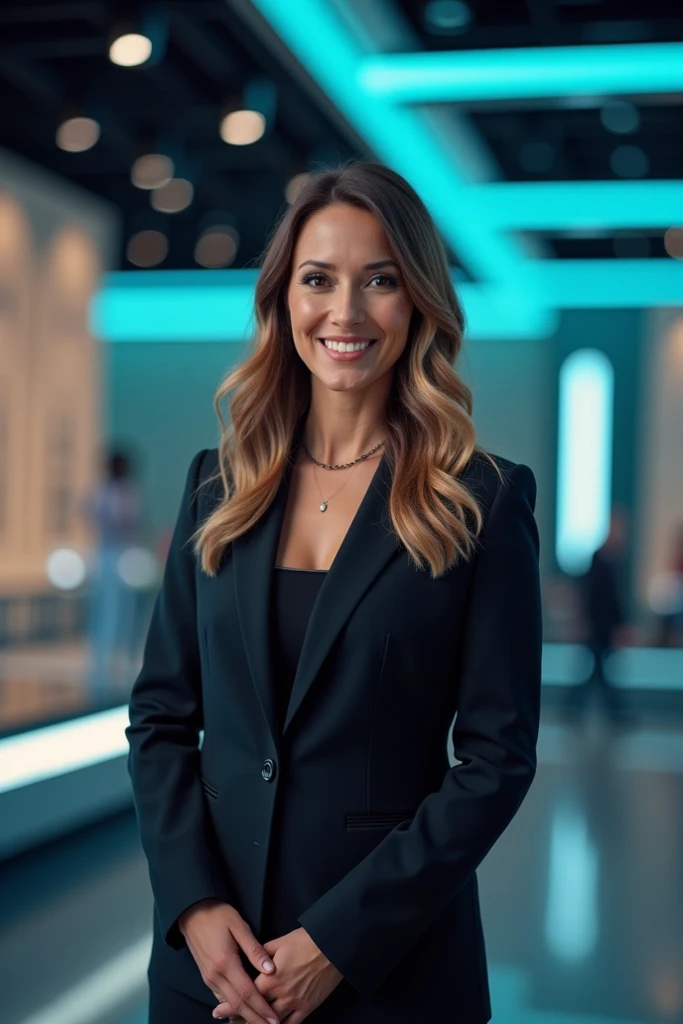 Young woman with brown hair and a confident expression, She is sitting at a vibrio desk, decorated with elegant furniture and modern technology. The investment executive is wearing a beautiful suit, short foul, well-fitting and complementing your outfit, while smiling. On the back there is a LED television with a screen inside that shows legible letters " Make your savings profitable"