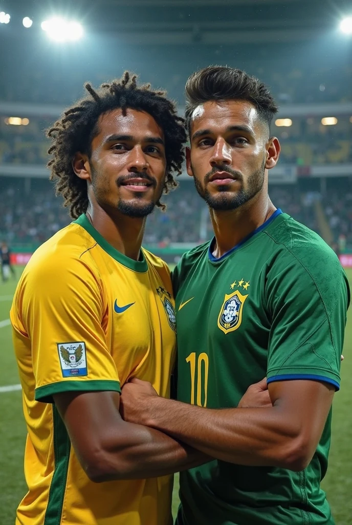 I created two Brazilian friends, they are best friends and they are playing soccer and they are hugging each other., they are beautiful boys and there are two of them