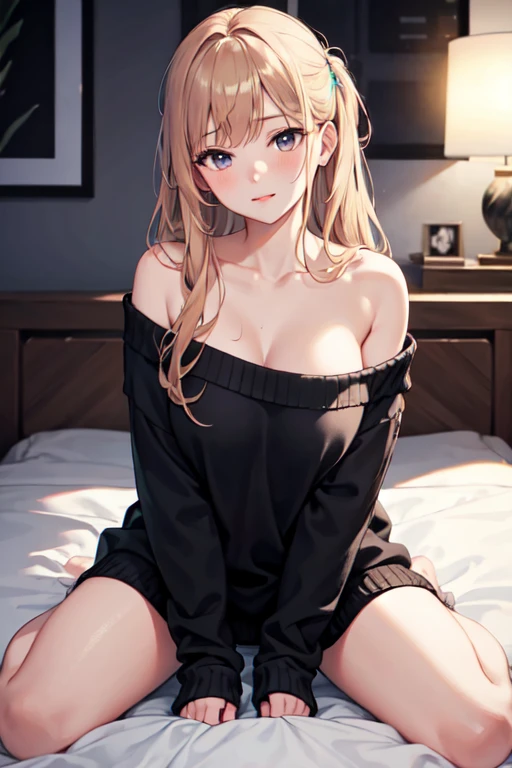 Adult woman, pink eyes, blonde hair, depression, night, bedroom