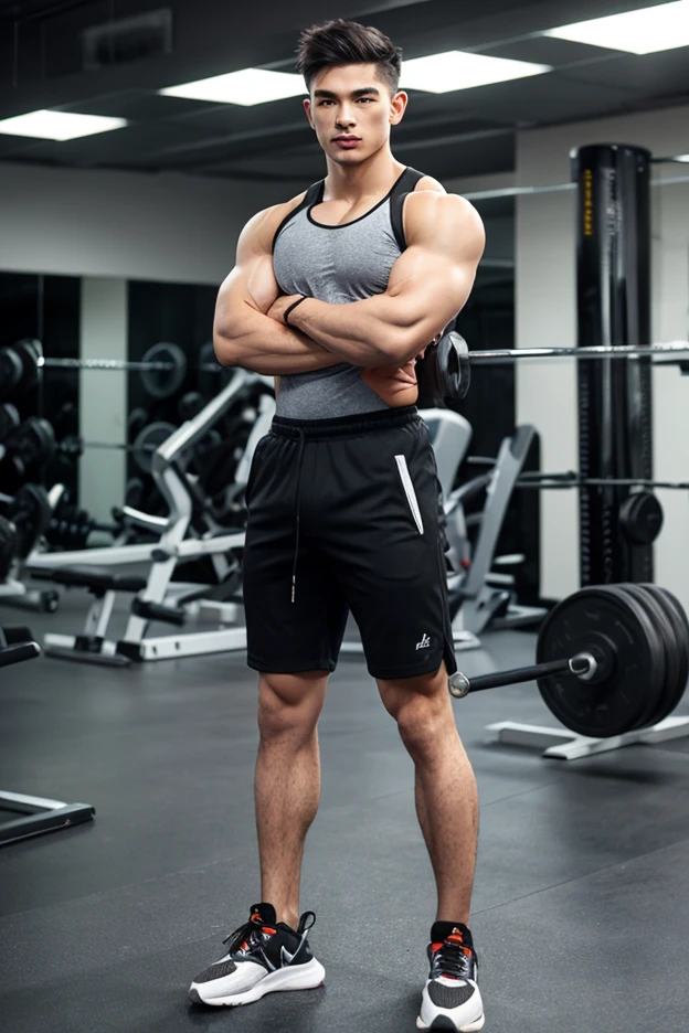 warehouse gym weight room, high ceiling, ZacDeHaan, sexytrainer, white tank top, gray sweatpants, sneakers, weightlifting holding barbell, (((full body portrait))), wide angle <lora:ZacDeHaan:0.8>  <lora:Clothing - Sexy Personal Trainer:0.75>