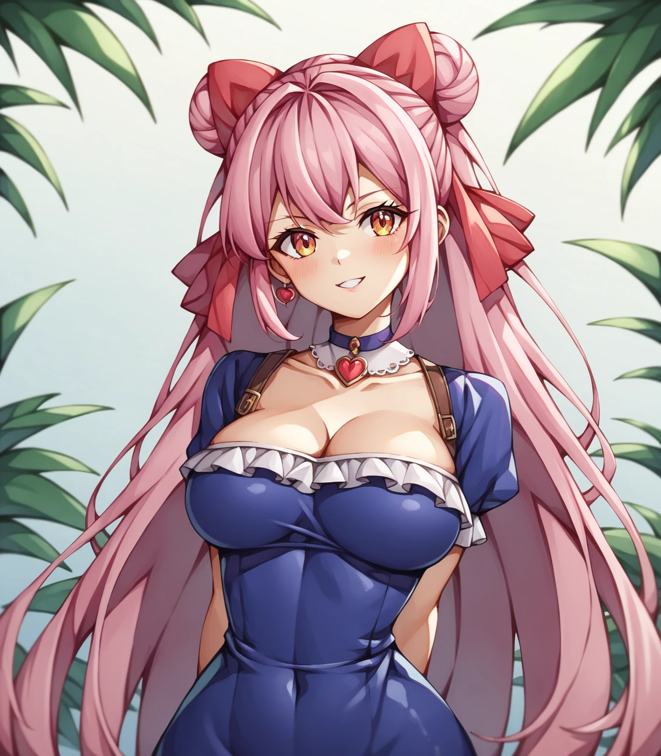 1girl, solo, nakano nino, pink hair, butterfly hair ornament, (naked:1.3), (white apron), large breasts, cleavage, thighs, cafe background, (blushing:1.3)