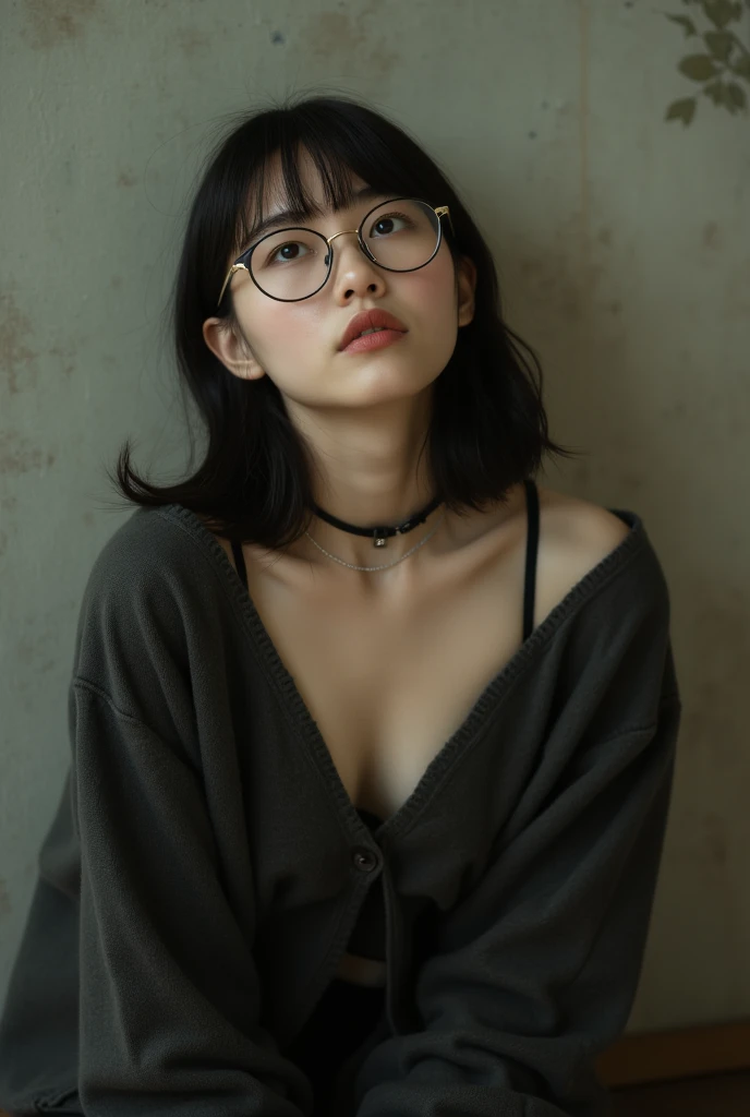 Crowded train、Sweaty、Armpit sweat、Small breasts、Precisionism、Photorealistic、Japanese girl、Thick eyebrows、round face、He wears oval glasses with brown rims that are almost black.、Short Hair、Bangs reach above the eyebrows、White skin、One faint spot on the philtrum