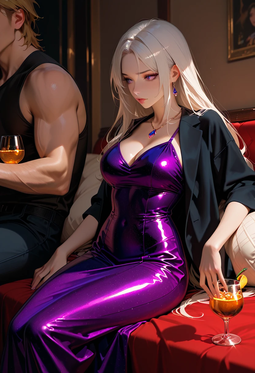 (Masterpiece), (4k), (Intense colors and lights), (evening light), (salon), (((2 women))), ((mother and daughter)), ((milf)), ((adolescent)), 40-year-old mature mother with brown hair and big breasts dressed in a sexy, transparent purple nightgown where you can see her breasts and a black lace thong. She also wears golden triangular earrings., There is also her young daughter, blonde with pink highlights and a , wearing a thin white thread top with an open back and a blue denim skirt with a brown belt., They are both in a sensual position