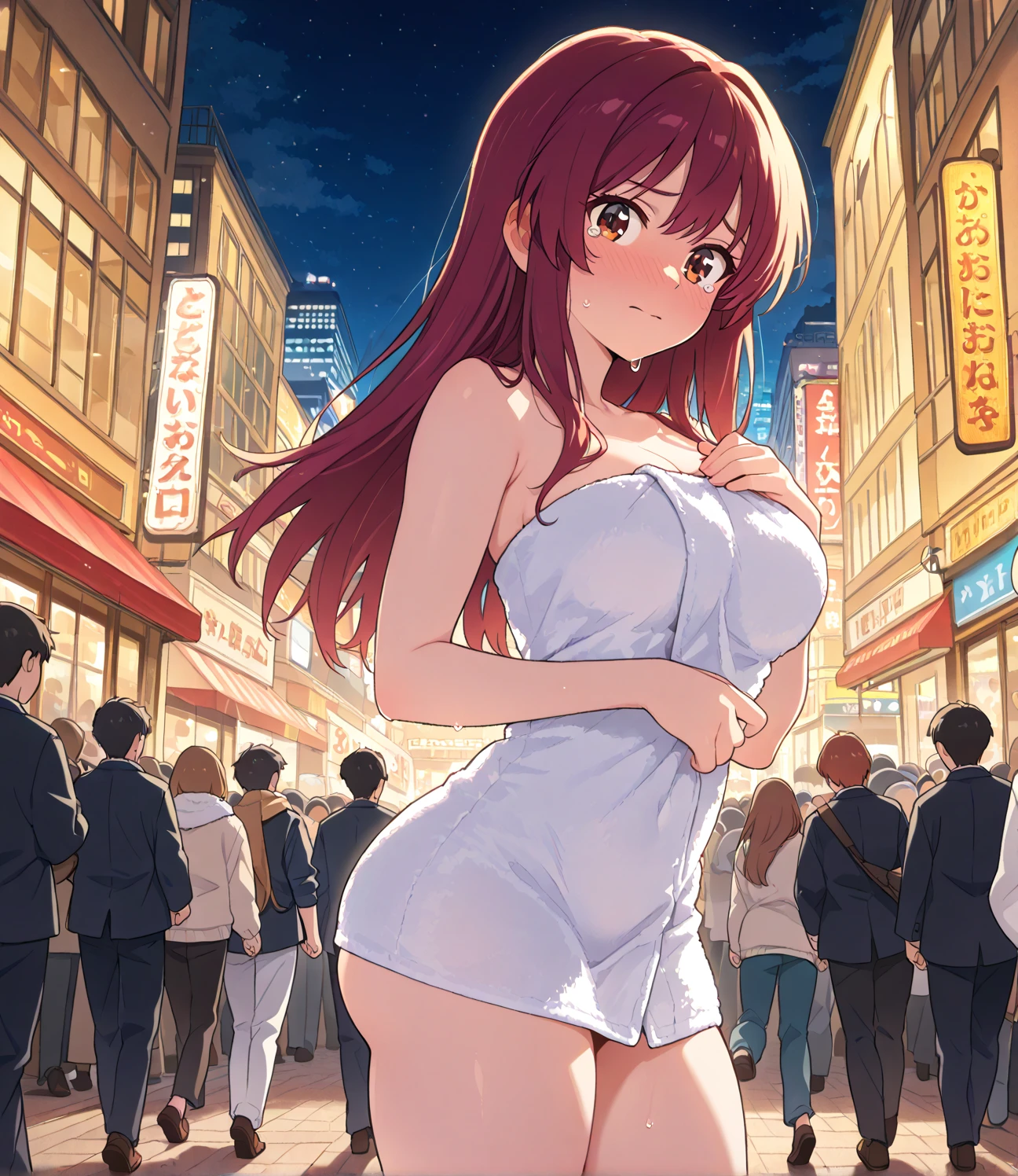bustling street、Parents and daughter、outside、hot summer、Sexy pose、See-through、pink、Sexy pose