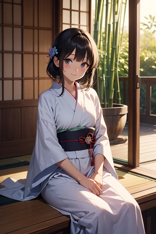 anime-style, soft pastel colors, early morning light, traditional Japanese house, morning glory vines on bamboo fence, (wide background view, background-focused composition, character small and distant, character occupies only 1/4 of the canvas), a shy girl in yukata sitting quietly on the wooden veranda, (gently looking at a morning glory flower, soft smile, dreamy eyes), calm and nostalgic mood