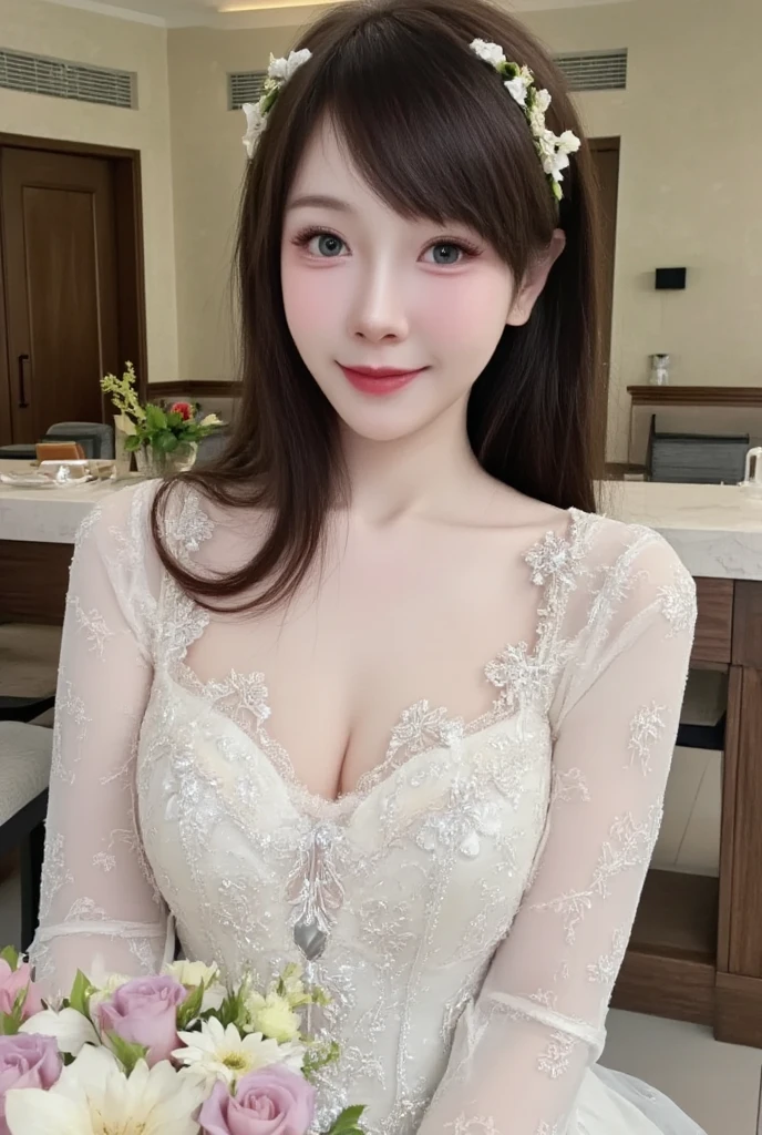 table top, highest quality, figure, super detailed, finely, High resolution, 8k wallpaper, bright and vivid、完璧なダイナミックな構figure, beautiful and fine eyes, elegant clothes with lace pattern,medium hair, middle of chest, natural color lip, random sexy poses,smile,Aoyama Street Walk、20 year old girl、私を見る最大のsmile、pink lipstick、cleavage