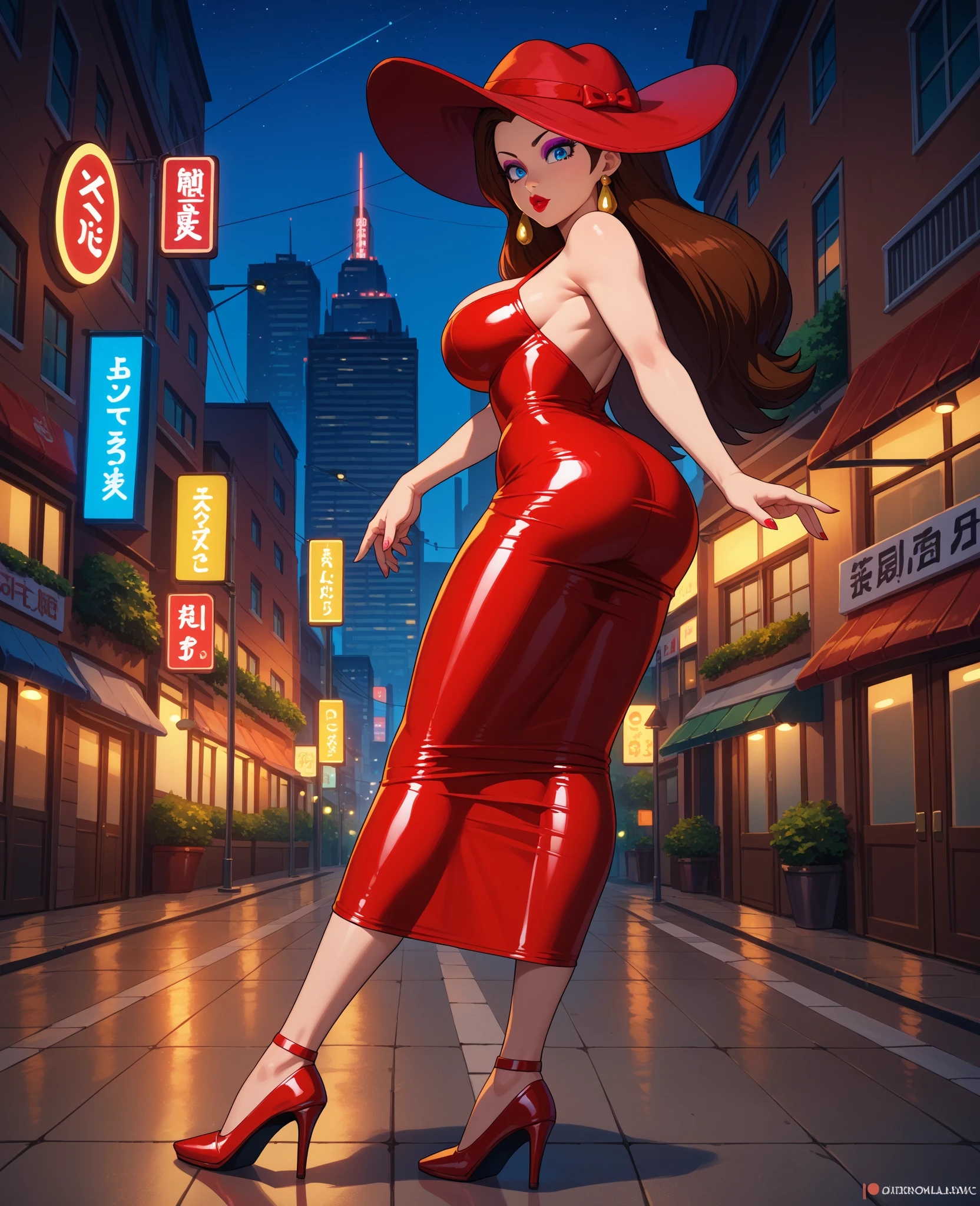 masterpiece, Best Quality, ultra high resolution, beautiful joven caminando por las calles de japon, at night, dark, in a tight latex dress, Red dress, For the blue, shoulder length hair cost, beautiful, heels, cuerpo con beautifuls curvas