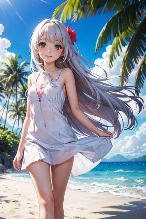 Create digital artwork in pop art style、ディテールが施されたlong white hairの女の子が特徴です、White skin and beautiful appearance、long white hair、Blue eyes、Wet hair、((teens girl、12 year old))、Wet underwear、sandbeach、beach side、Street fashion、Movie color schemes、Surrounded by vintage floral motifs、Vivid brush strokes、Emotions must be dynamic、Upper body、Drawing、Illustration、grayscales、Tropical、Many flowers、