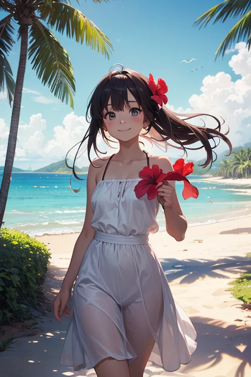 anime-style, soft pastel colors, early morning light, traditional Japanese house, morning glory vines on bamboo fence, (wide background view, background-focused composition, character small and distant, character occupies only 1/4 of the canvas), a shy girl in yukata sitting quietly on the wooden veranda, (gently looking at a morning glory flower, soft smile, dreamy eyes), calm and nostalgic mood