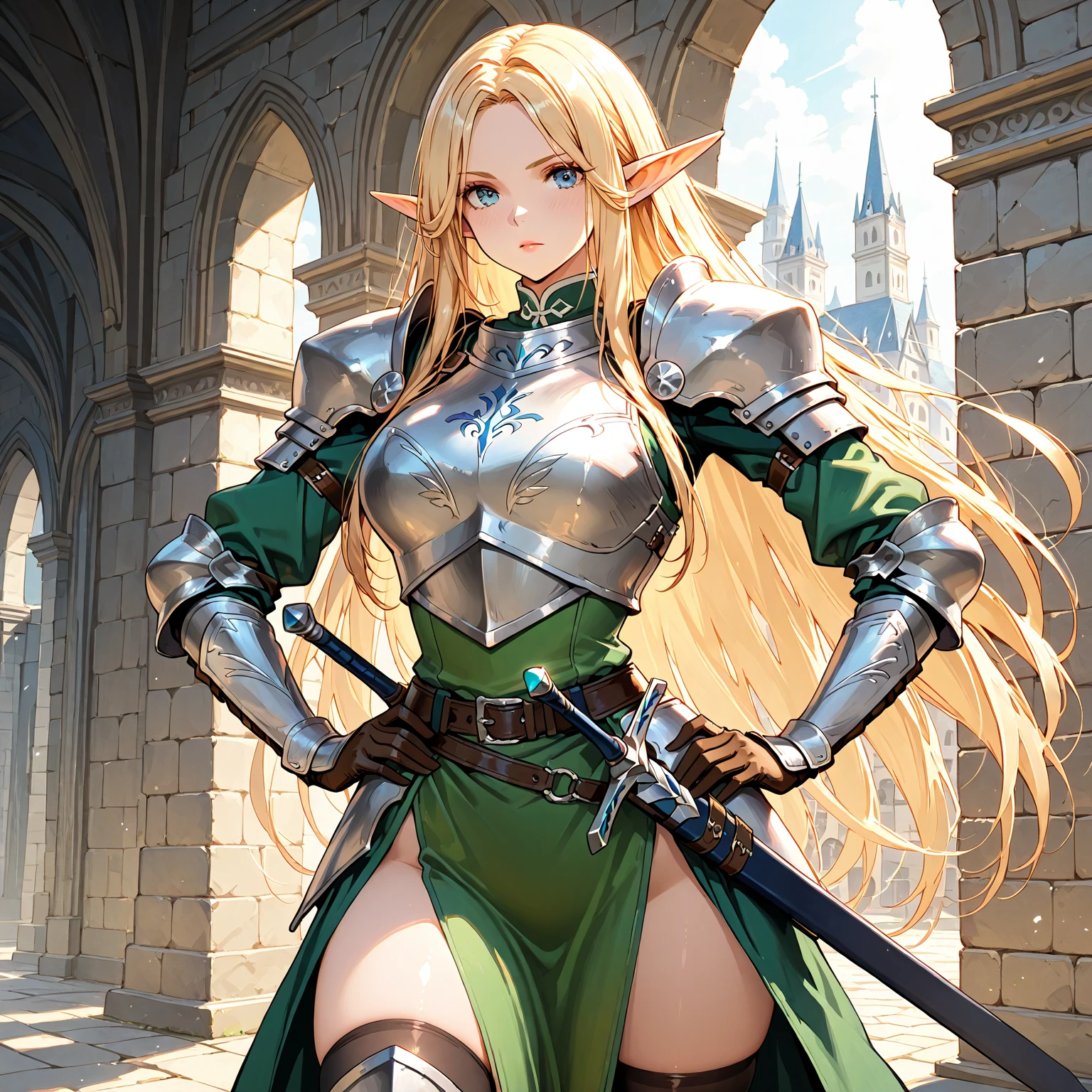 highest quality、16K high resolution、Super detailed、masterpiece、Live shooting、realistic:1.4、hyper realism:1.4、sharp focus、very delicate and beautiful、small details、1 female、(european:1.2)、(brunette warrior girl)、(spread your legs:1.3)、(white panties:1.3)、(cameltoe:1.1)、 (sitting)、(panties tucked in)、(beautiful face:1.5)、(plate armor)、(detailed face)、(fine and beautiful eyes)、green eyes、(detailed lips)、Lipstick、(eyeliner)、mascara、eye shadow、(steel breastplate, steel gauntlets)、 medieval fantasy、(green mini skirt)、At NSFW