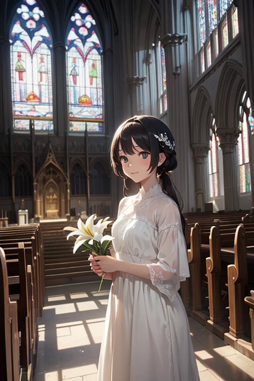 anime-style, soft pastel colors, early morning light, traditional Japanese house, morning glory vines on bamboo fence, (wide background view, background-focused composition, character small and distant, character occupies only 1/4 of the canvas), a shy girl in yukata sitting quietly on the wooden veranda, (gently looking at a morning glory flower, soft smile, dreamy eyes), calm and nostalgic mood