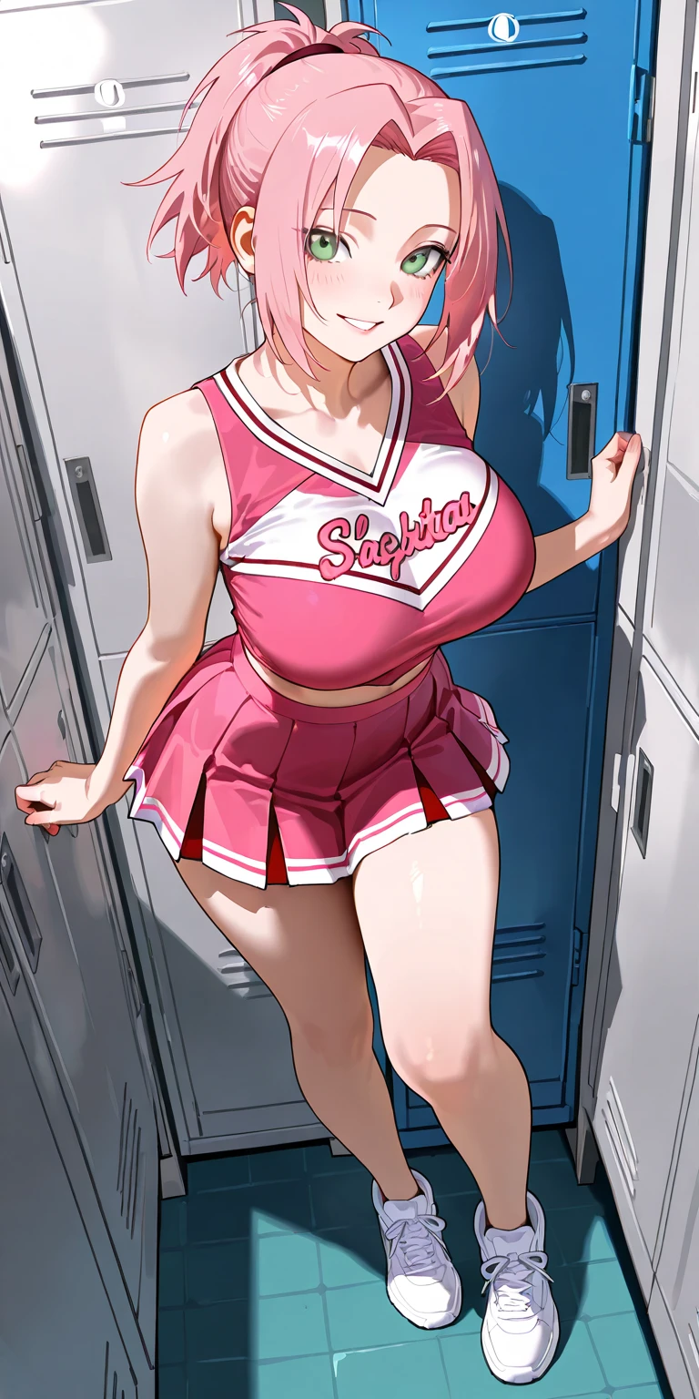 Best quality, mature woman, giant breasts, giant ass, very curvy, pastel pink hair, heterochromia eyes, full lips, seductive, smiling, cheerleader uniform, cheerleader skirt