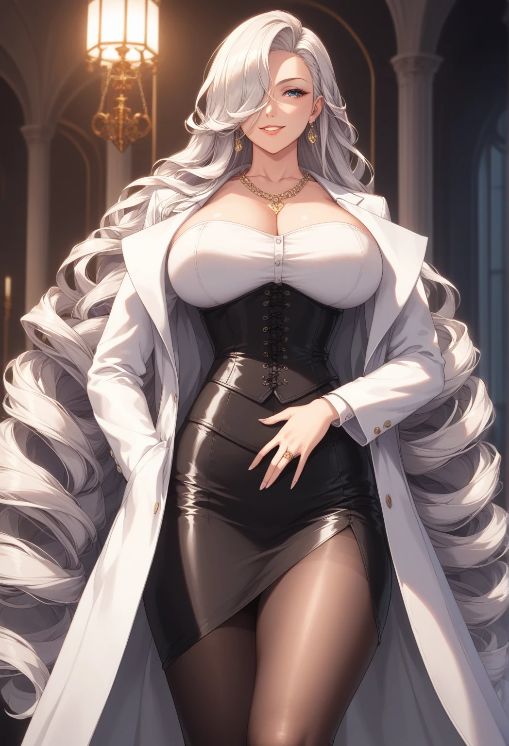 Cute Farmgirl with Braids. ((White haired woman, milf woman, long hair)), Perfectly round face. Beautiful cute face, Big beautiful voluptuous lips, charming beauty, ((gentle expression on your face)), ((Beautiful Big, detailed yellow eyes)), Waist slender, Broad Hips ((adventurous outfit, black blouse, leather pants, waist long)) (highy detailed)),offcial art, Award-winning digital painting, digital illustration, extreme detail, 4K, ultra HD, Rococo, polished, Intricate, realistic fantasy art, sharp focus, conceptual artwork, arte por WLOP, artgerm, (2D vector illustration) Light, airy, hourglass figure. ellie bamber