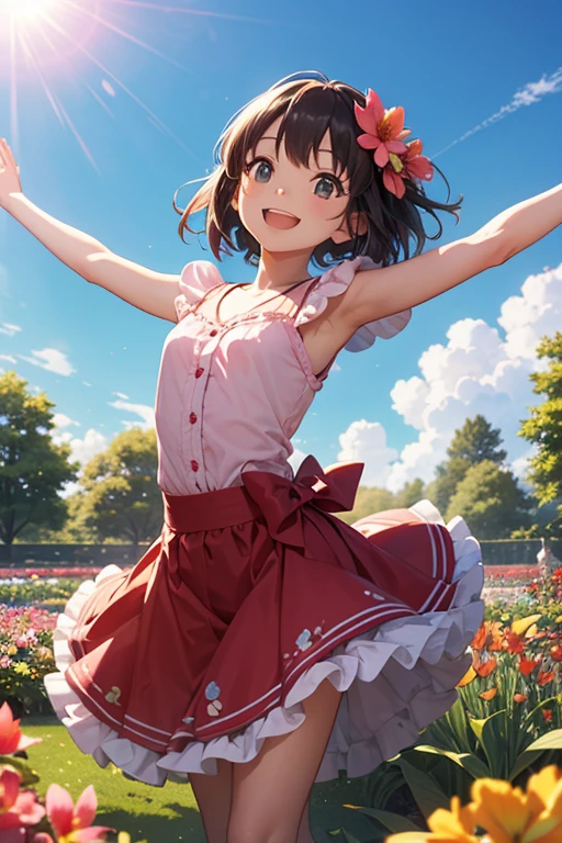 anime-style, soft pastel colors, early morning light, traditional Japanese house, morning glory vines on bamboo fence, (wide background view, background-focused composition, character small and distant, character occupies only 1/4 of the canvas), a shy girl in yukata sitting quietly on the wooden veranda, (gently looking at a morning glory flower, soft smile, dreamy eyes), calm and nostalgic mood