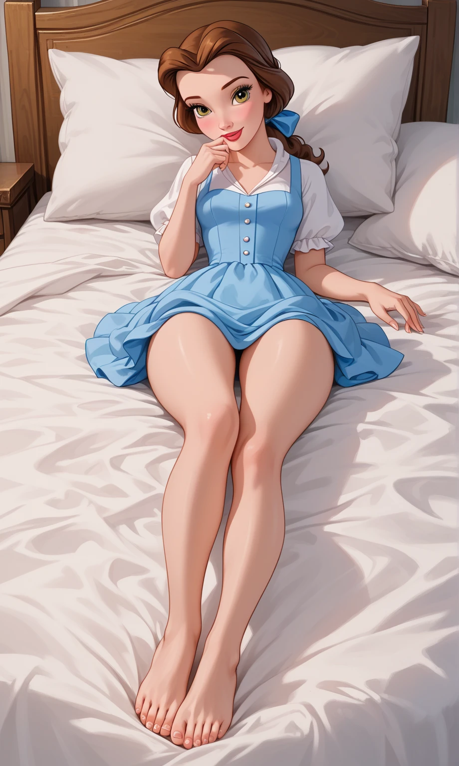 Young jennifer aniston, panty covered by super realistic detailed blue transparent pantyhose, sitting on bed, legs open, long very curly hair, head bow, sun light