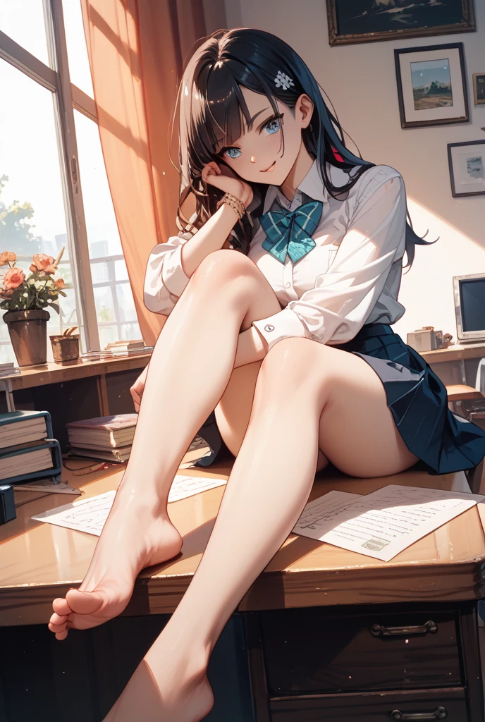 (Ultra-high resolution of the highest quality, masutepiece, Best Quality, 8K, Super Detail, Best Quality:1.3), (Anatomically correct:1.2), (1 elementary school female teacher:1.6), (large breasts:1.1), (drooping eyes:1.3), (blush cheek, blush body:1.3), (wavy hair, braid hair:1.2), (long hair:1.2), (black hair:1.2), (glasses:1.3), (white blouse, pencil skirt:1.7), (class room:1.1), front view, Extremely cute, (extremely detailed beautiful face), Authentic skin texture, beautiful hair, beautiful face, beautiful eyes, beautiful body, beautiful hands, (clothed:1.6), (aroused, naughty face, seductive smile:1.8), (erect nipples), (hair over eyes:1.5), (looking down:1.3), (open mouth:1.2), (face focus:1.6), cleavage breasts focus, (legs focus:1.2), (from below:1.3), (Sitting:1.6), (slouching forward:1.3), (sole of foot:1.6), (sole of foot focus:1.2), (panty shot:1.1)