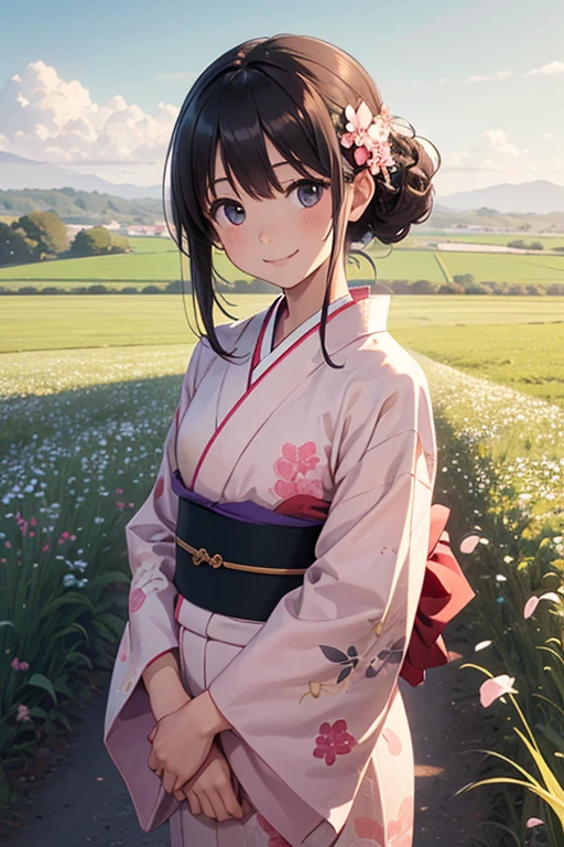 anime-style, soft pastel colors, early morning light, traditional Japanese house, morning glory vines on bamboo fence, (wide background view, background-focused composition, character small and distant, character occupies only 1/4 of the canvas), a shy girl in yukata sitting quietly on the wooden veranda, (gently looking at a morning glory flower, soft smile, dreamy eyes), calm and nostalgic mood