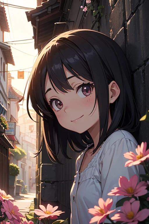 anime-style, soft pastel colors, early morning light, traditional Japanese house, morning glory vines on bamboo fence, (wide background view, background-focused composition, character small and distant, character occupies only 1/4 of the canvas), a shy girl in yukata sitting quietly on the wooden veranda, (gently looking at a morning glory flower, soft smile, dreamy eyes), calm and nostalgic mood