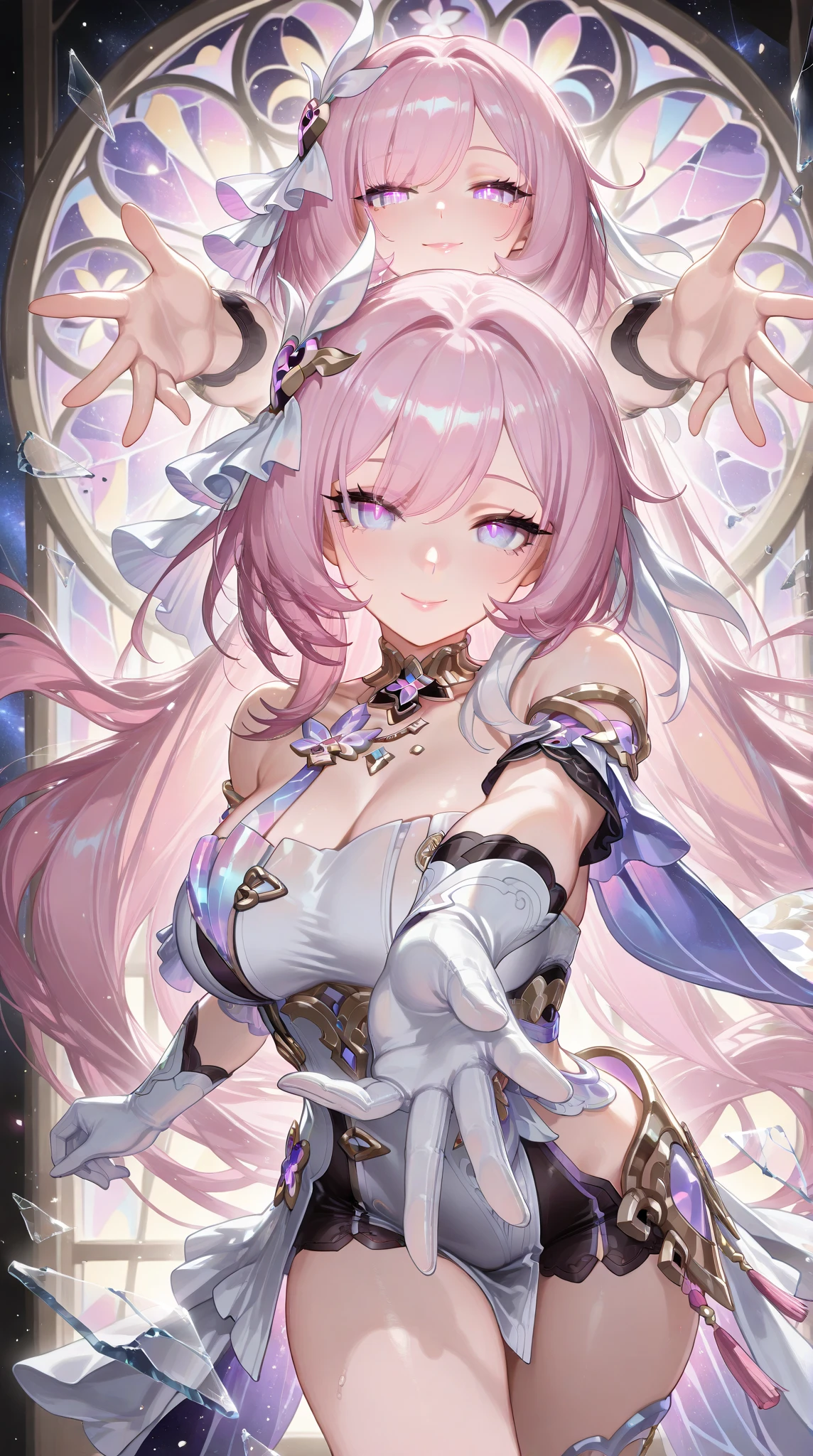 A highly detailed, anatomically correct anime-style portrait of a young woman with flowing purple hair that sparkles like stars in a night sky, with beautiful detailed eyes, nose, and lips, long eyelashes, shiny glossy hair styled in twin buns, wearing heart-shaped earrings, open mouth expression, and glimmering effects, digital illustration, anime art