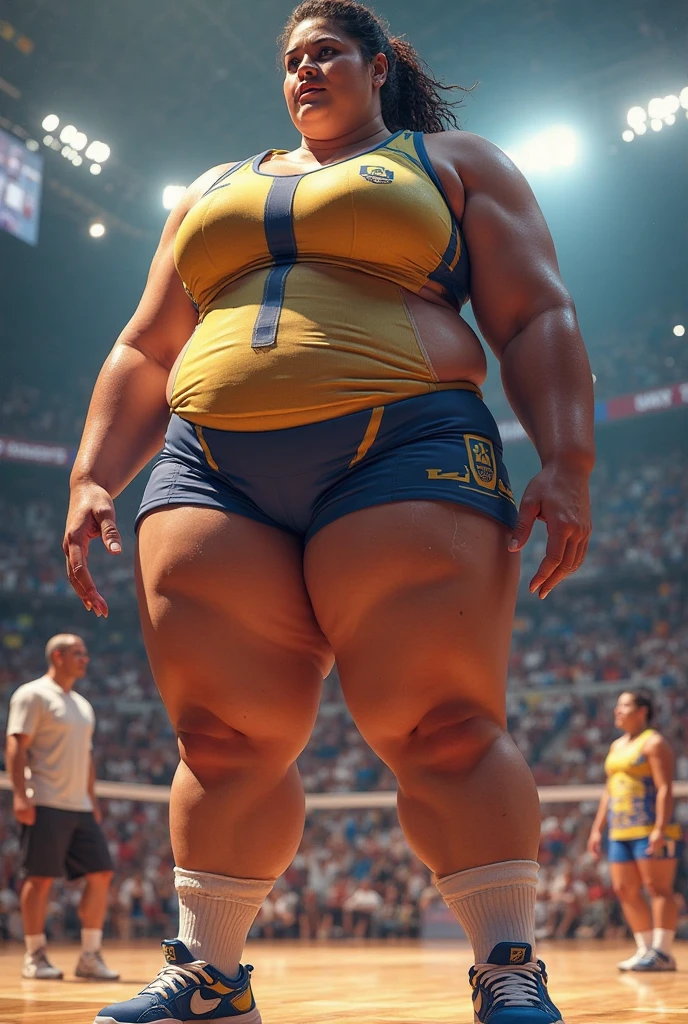 beautiful 21 year, blonde American college girl, in yellow volleyball uniform, very skinny, slender abs, outside on track field, ((slim, petite)), photorealistic, photo, masterpiece, realistic, realism, photorealism, high contrast, photorealistic digital art trending on Artstation 8k HD high definition detailed realistic, detailed, skin texture, hyper detailed, realistic skin texture, armature, best quality, ultra high res, (photorealistic:1.4),, high resolution, detailed, raw photo, sharp re, by lee jeffries nikon d850 film stock photograph 4 kodak portra 400 camera f1.6 lens rich colors hyper realistic lifelike texture dramatic lighting unrealengine trending on artstation cinestill 800, rachel cook, full standing in the gym, in front volleyball net, facing camera, curvy, beer belly, big sagging breast, saggy breast, thick thighs, wide hips, big round ass, afternoon, fisheye lens, establishing shot, pastel color grading, front view, depth of field cinematography effect, film noir genre, 8k resolution, high quality, ultra detail , curvy body, plump body, huge big ass, thick body, curvy body type, voluptuous body type, busty body type, thick body type, big chest, big