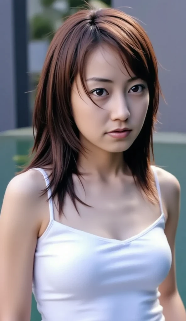 anna fukuyama,((highest quality、8K resolution、master masterpiece、portrait:1.3)), Photoreal, 35mm film, 1 Japanese female, Upper body,Beautiful woman, 昼間のon the roadで, wrinkles around the eyes, plump body,smile,((sexy bra_panties:1.3)) , (on the road_Tokyo cityscape: 1.3), jumbled background,look at the audience