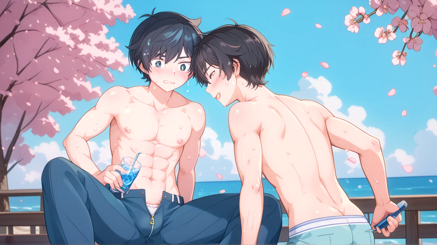2 cute thin handsome boys 12 and . Shirtless hugging in the water