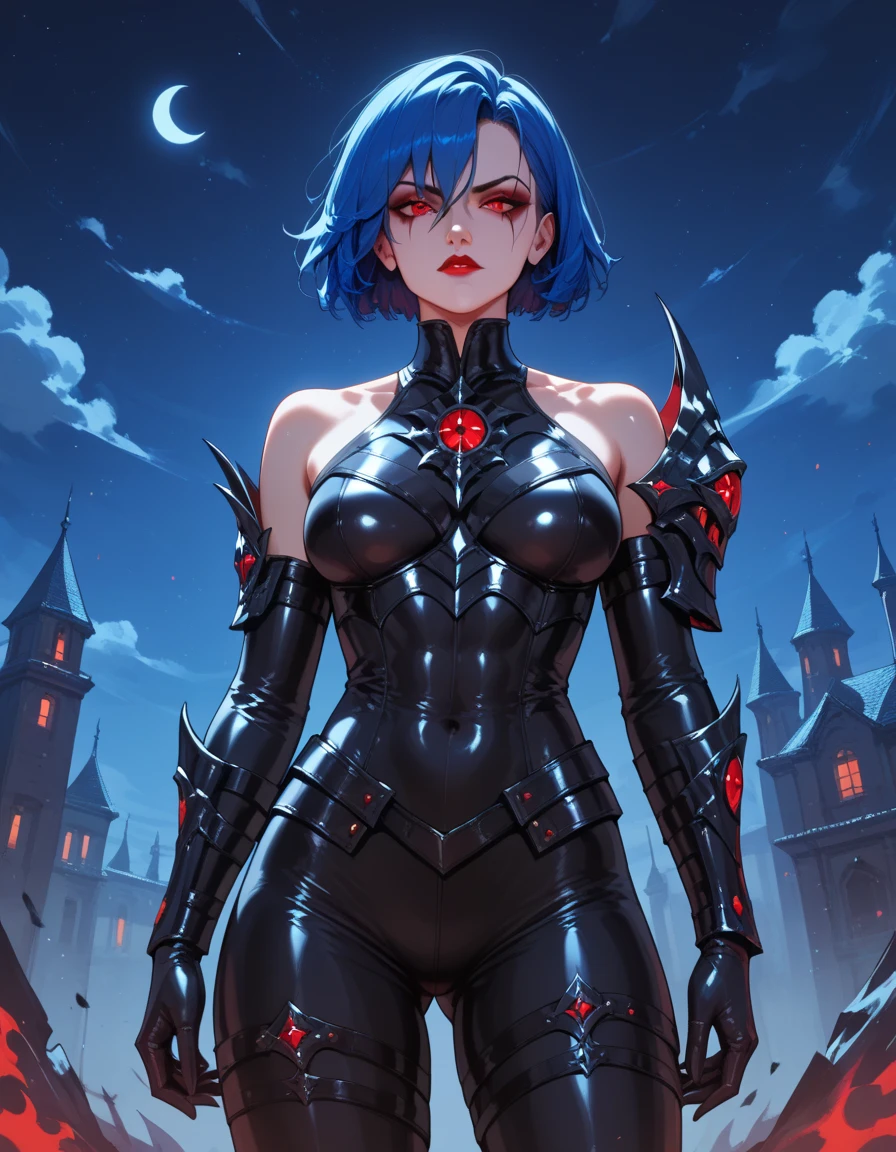 She is wearing a maid costume/Batman/Spiderman/Kamen Rider,the outfit is black with white parts/built-in weapons, the criminals are right behind her observing her movements, in the dark alley where she is located/night/full moon, she is fully alert, looking at the viewer, smiling, outfit/face/covered in blood, 1 woman with blue eyes and short green mohawk hair, Anime style, Max Masterpiece/resolution/quality/detail/sharpness, well-drawn, extremely beautiful, professional drawing