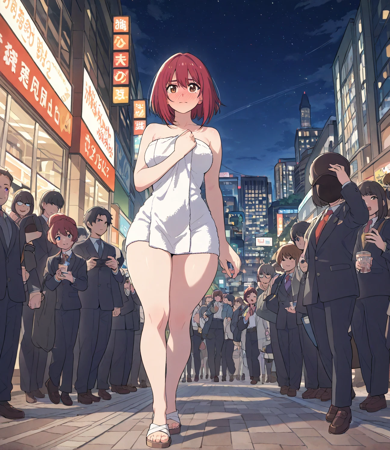 1girl, red hair, single ponytail, yellow eyes, huge breasts, <lora:bandaidOn:0.8>, nude, bandaids on nipples, bandaid on pussy, standing, tokyo street, bare feet, (embarrassed: 1.15), blushed, tokyo street, night, winter, snowing, <lora:public_v3.0-locon:1.25>, public, photographers